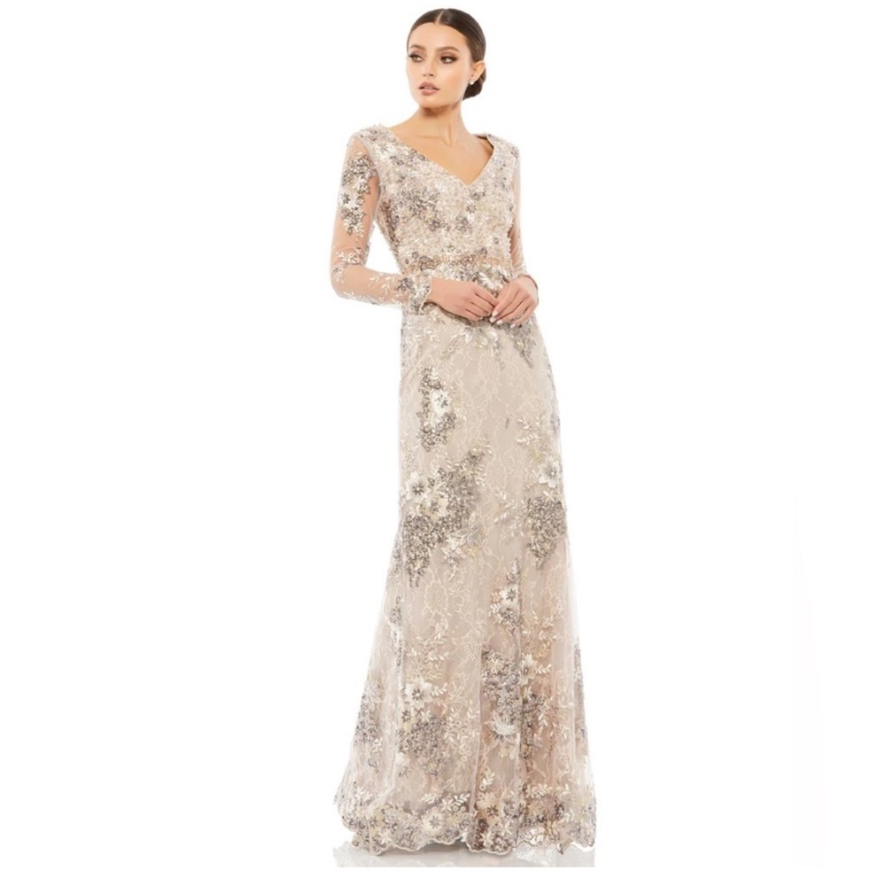 NEW MAC DUGGAL 67539 Taupe Embellished V-Neck Illusion‎ Long Sleeve Gown 6 $698